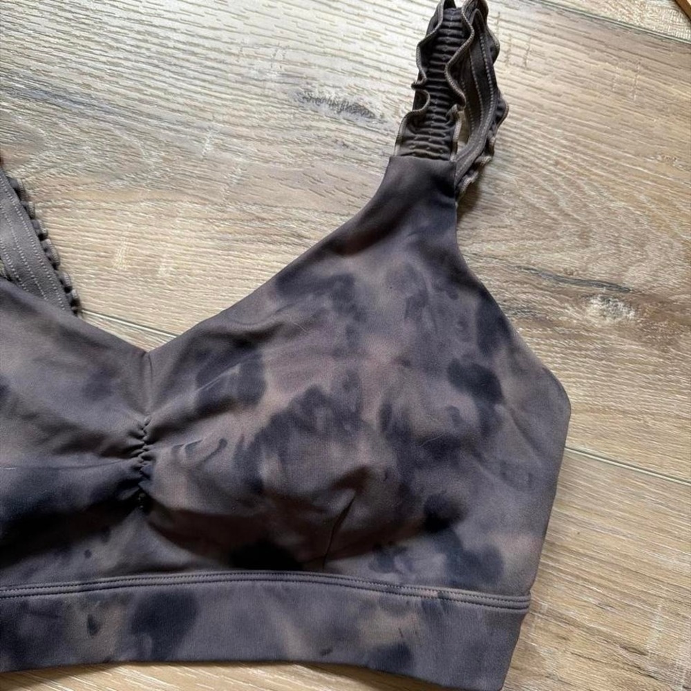 Joy Lab Spray Dye Sports Bra Size M Brown Black Ruffle Trim Straps Fairy Grunge - Picture 5 of 8